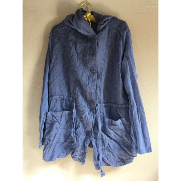 Flax Linen Hoodie Boardwalk Jacket Medium Button Drawstring Pockets Blue New